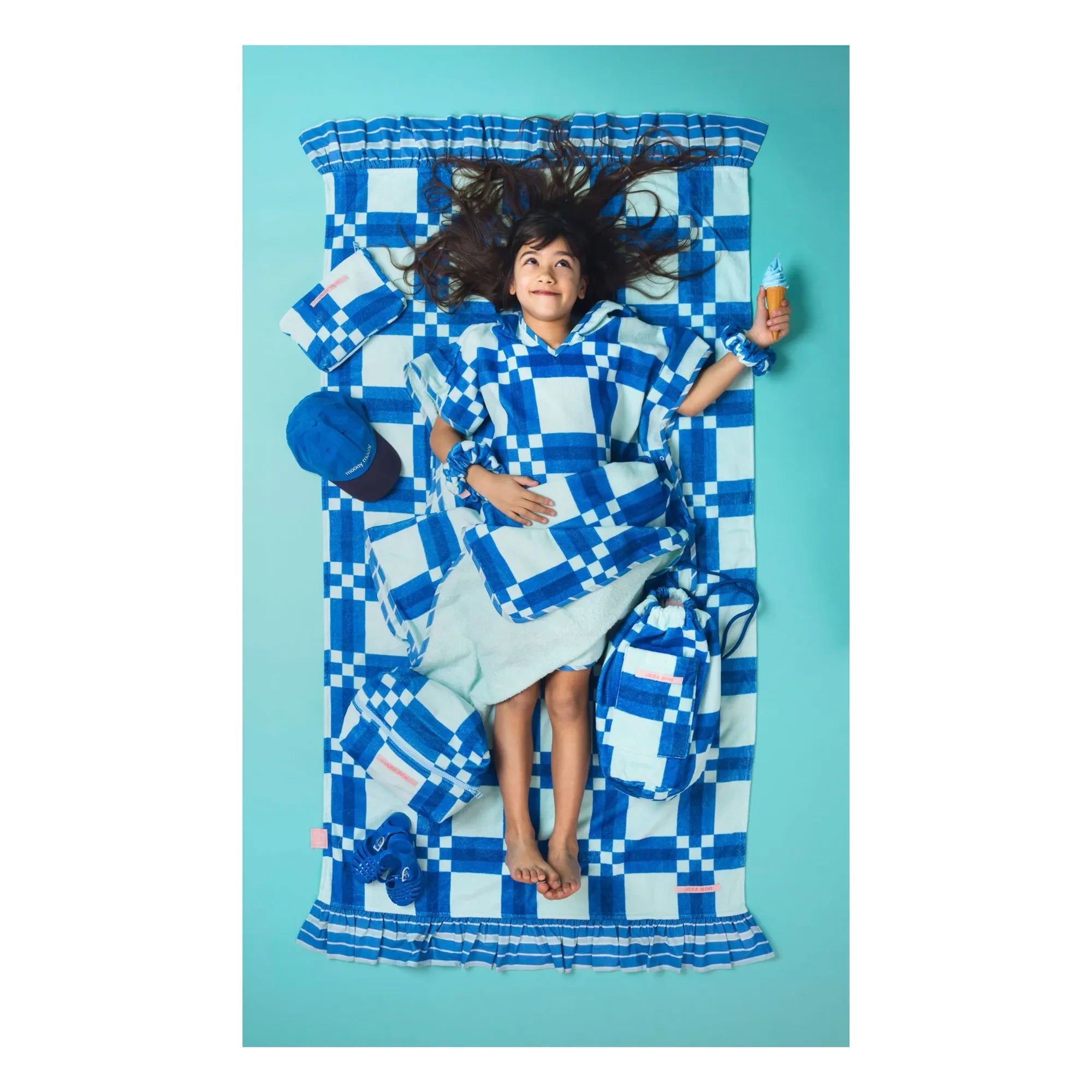 Jera Mini - Square Patterned Towel Poncho | Blue