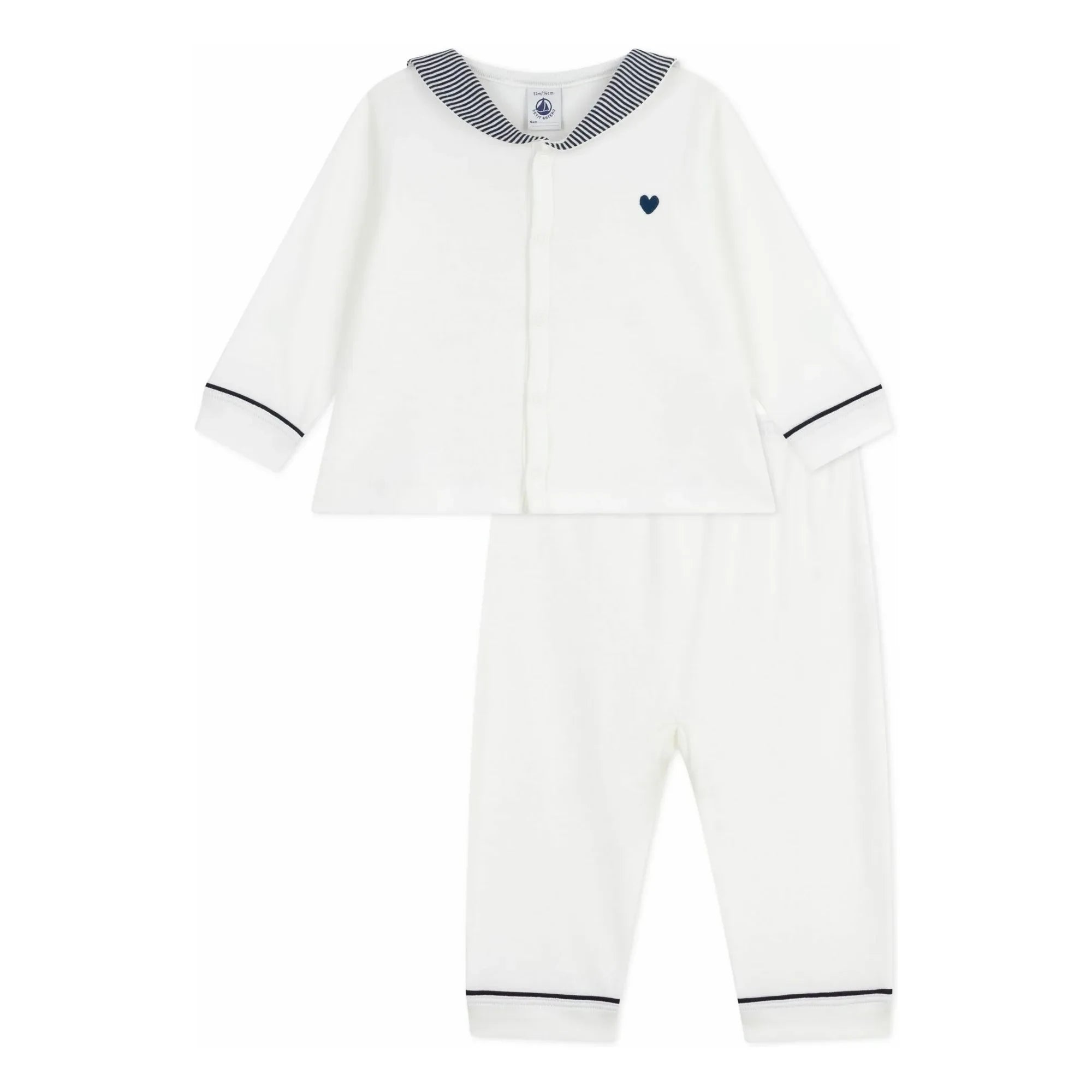 Petit Bateau - Çizgili Yaka Organik Pamuk Pijama | Beyaz