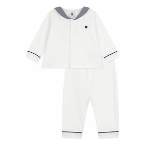 Petit Bateau - Çizgili Yaka Organik Pamuk Pijama | Beyaz