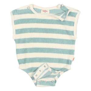 Búho - Striped Organic Cotton Towel Romper | Green Water