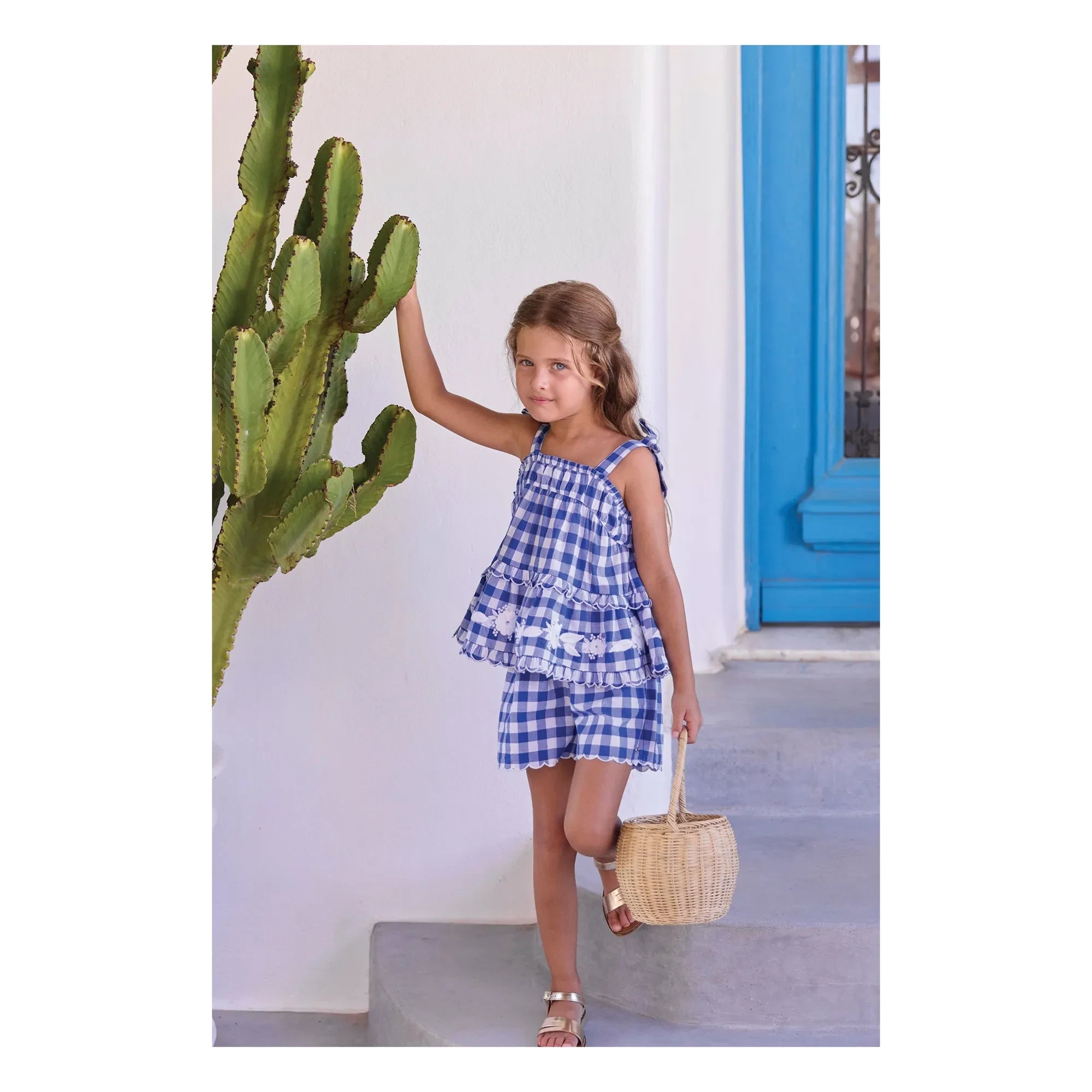 Tartine et Chocolat - Embroidered Top and Checked Shorts Set | Royal Blue