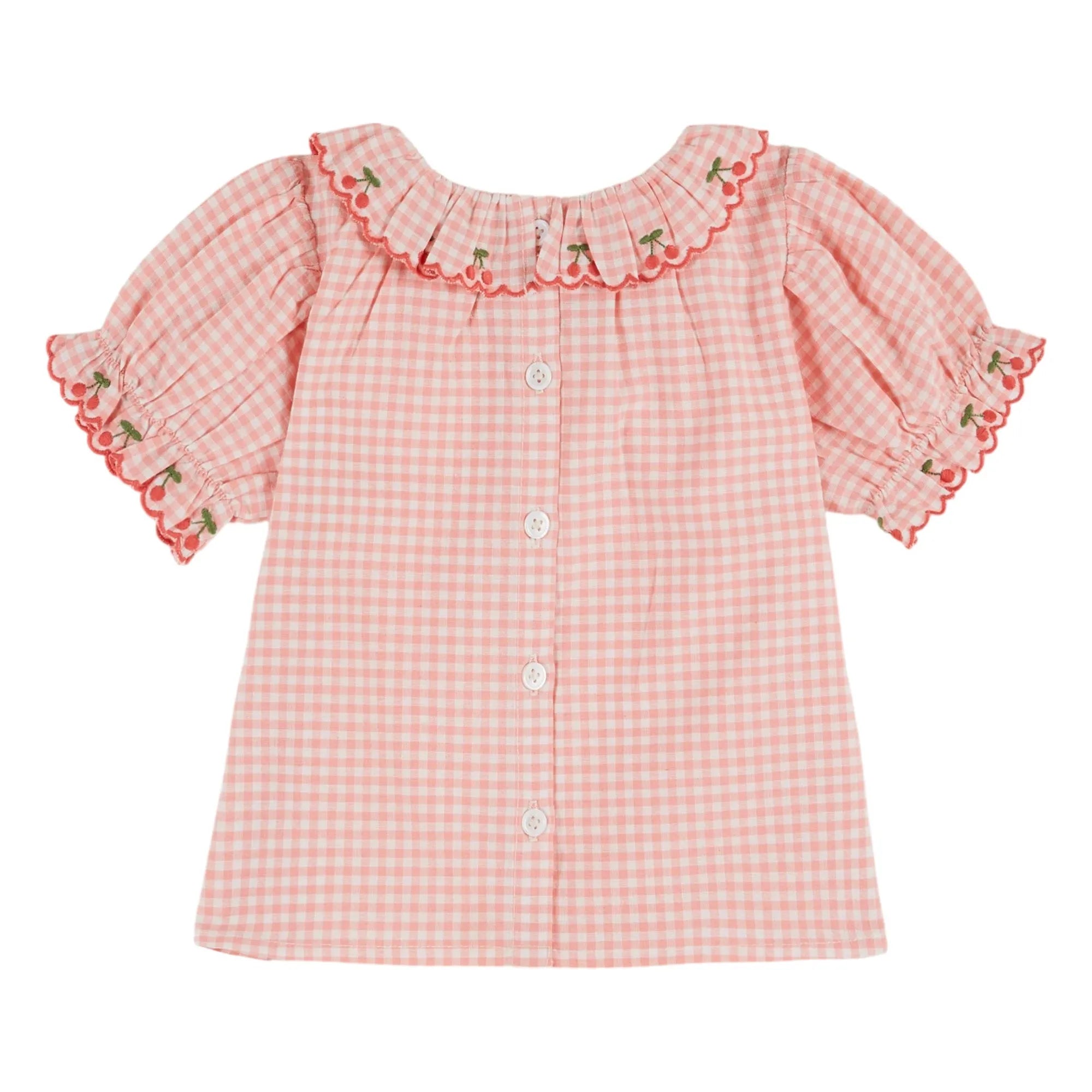 Emile et Ida - Checkered Collar Embroidered Blouse Organic Cotton | Pink