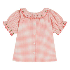 Emile et Ida - Checkered Collar Embroidered Blouse Organic Cotton | Pink
