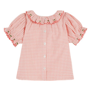 Emile et Ida - Checkered Collar Embroidered Blouse Organic Cotton | Pink