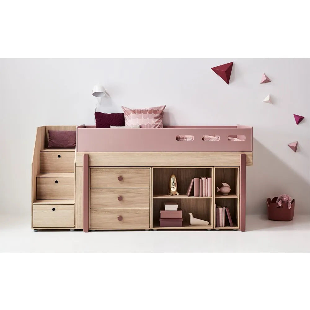 Flexa - Mid-Height Bed with Storage Ladder, 90x200cm | Pink