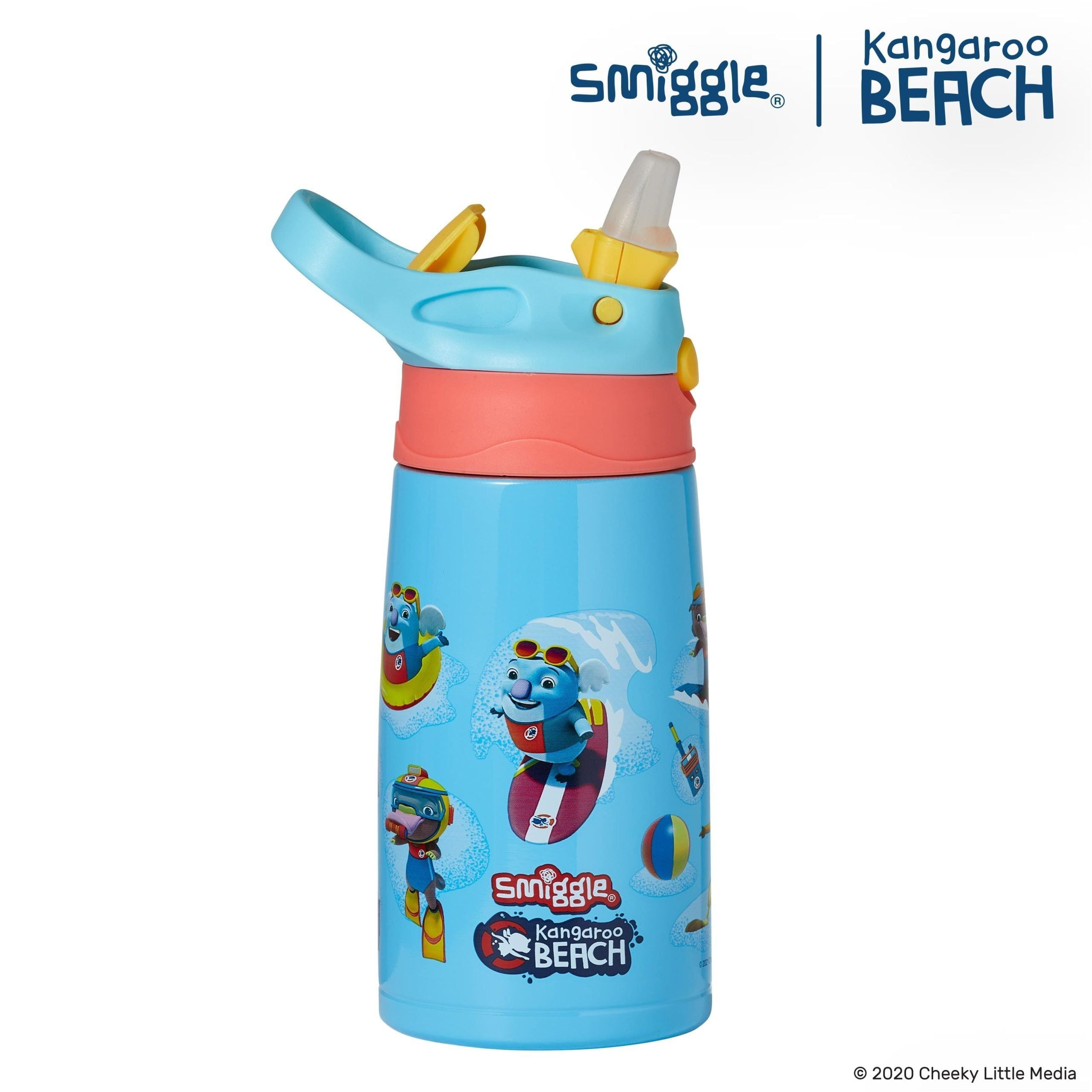Smiggle - Kangaroo Beach Steel Automatic Straw Bottle 400ML
